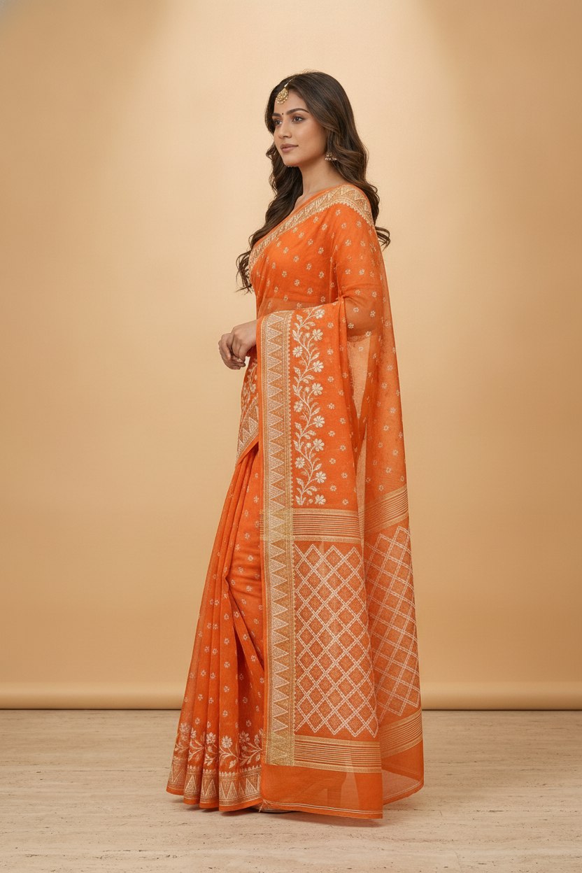 Dhakai Jamdani Saree with Bomkai-Style Border in Orange