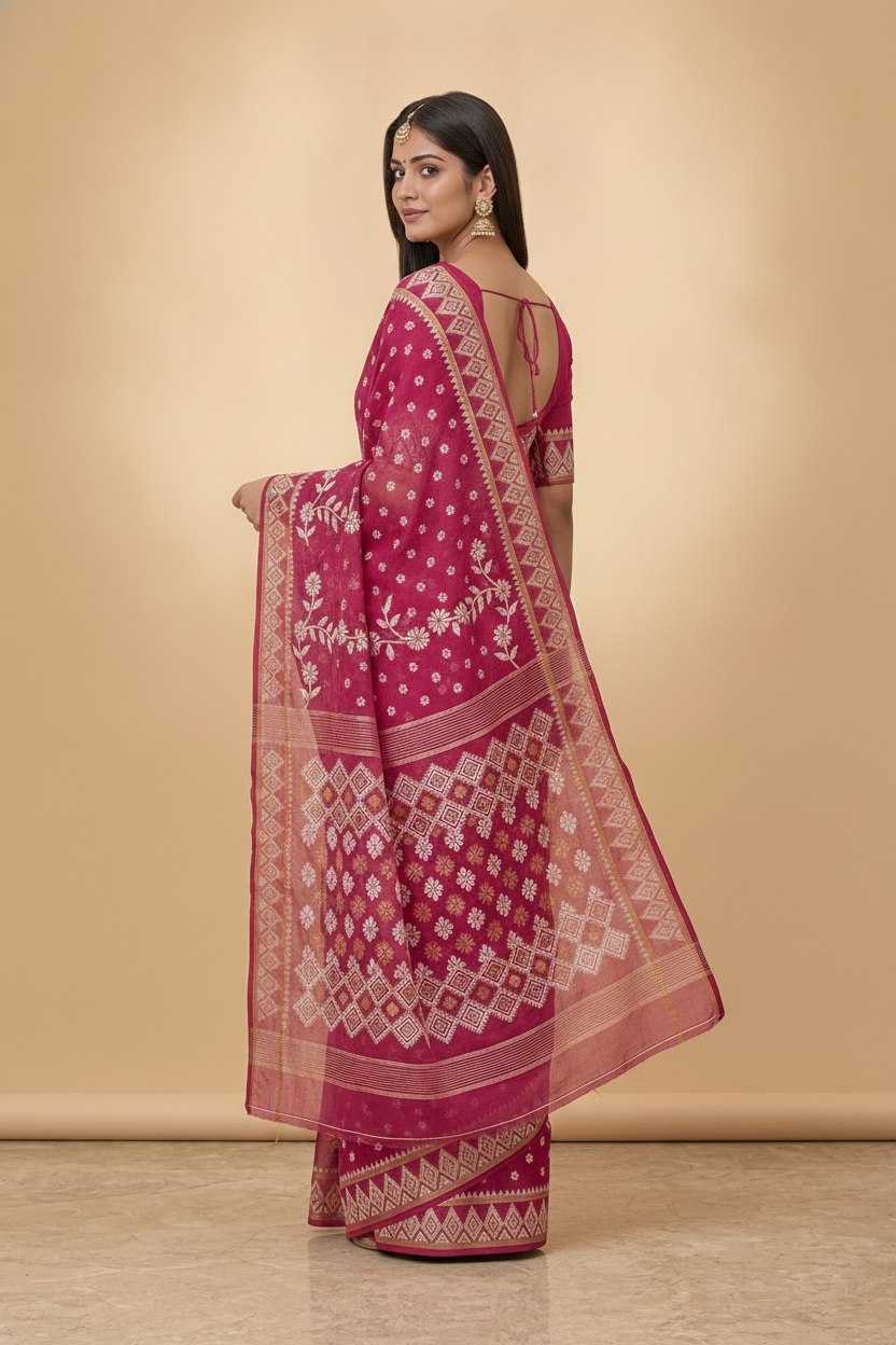 Dhakai Jamdani Saree with Bomkai-Style Border in Rani Pink