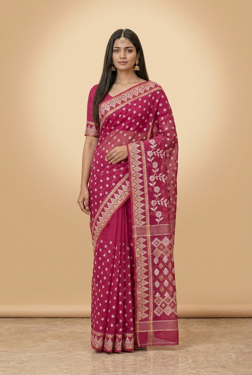 Dhakai Jamdani Saree with Bomkai-Style Border in Rani Pink