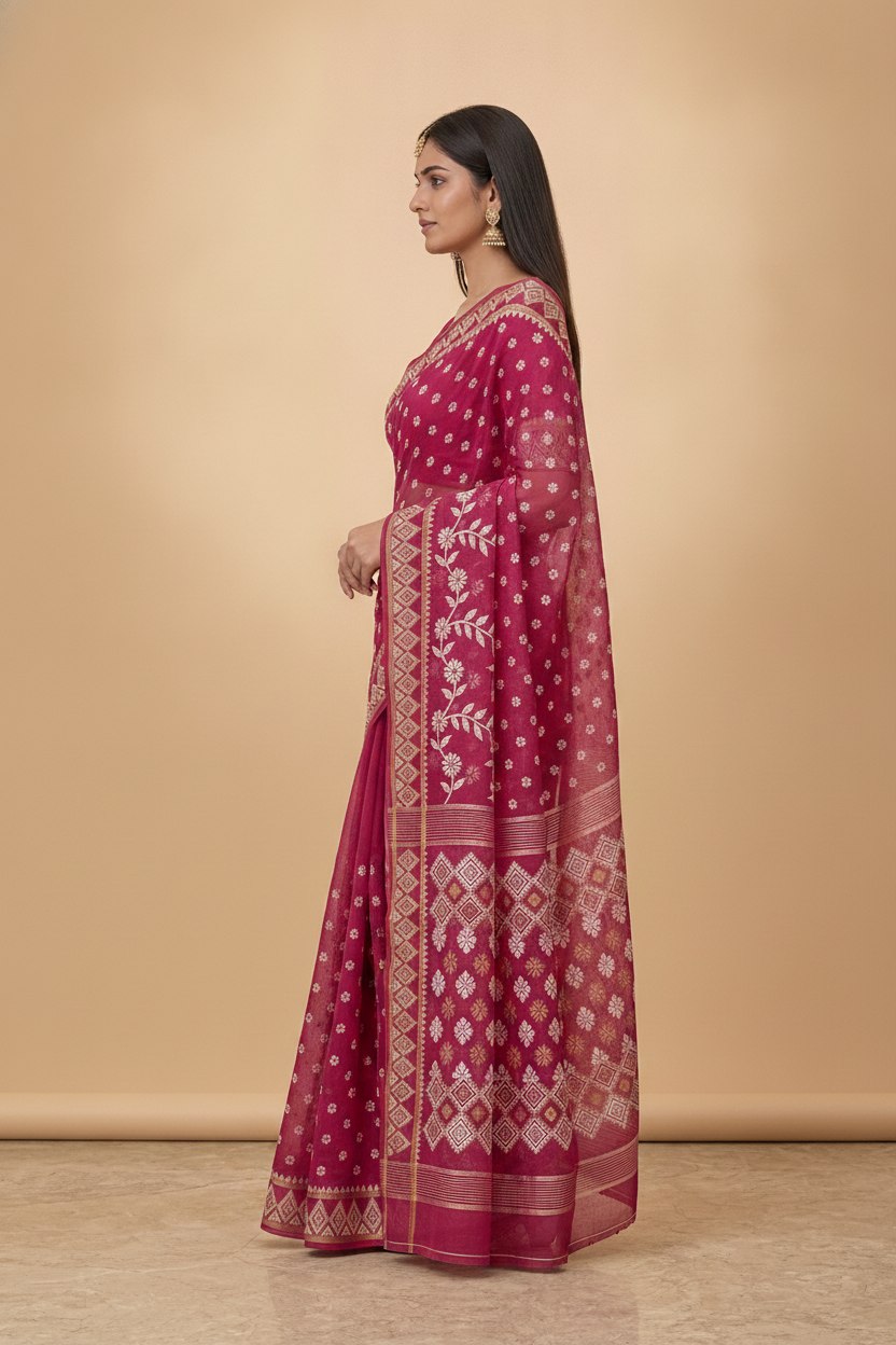 Dhakai Jamdani Saree with Bomkai-Style Border in Rani Pink