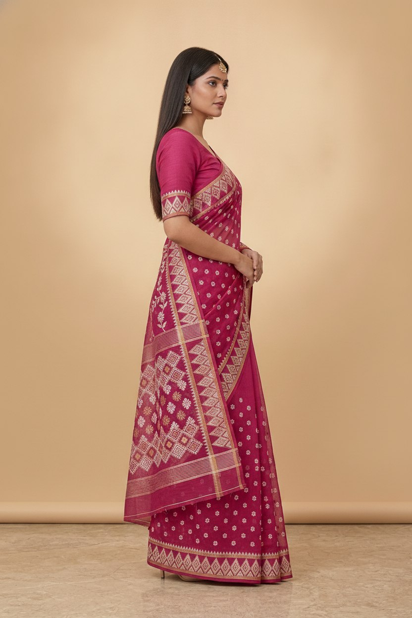 Dhakai Jamdani Saree with Bomkai-Style Border in Rani Pink