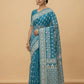 Dhakai Jamdani Saree with Bomkai-Style Border in Teal Blue