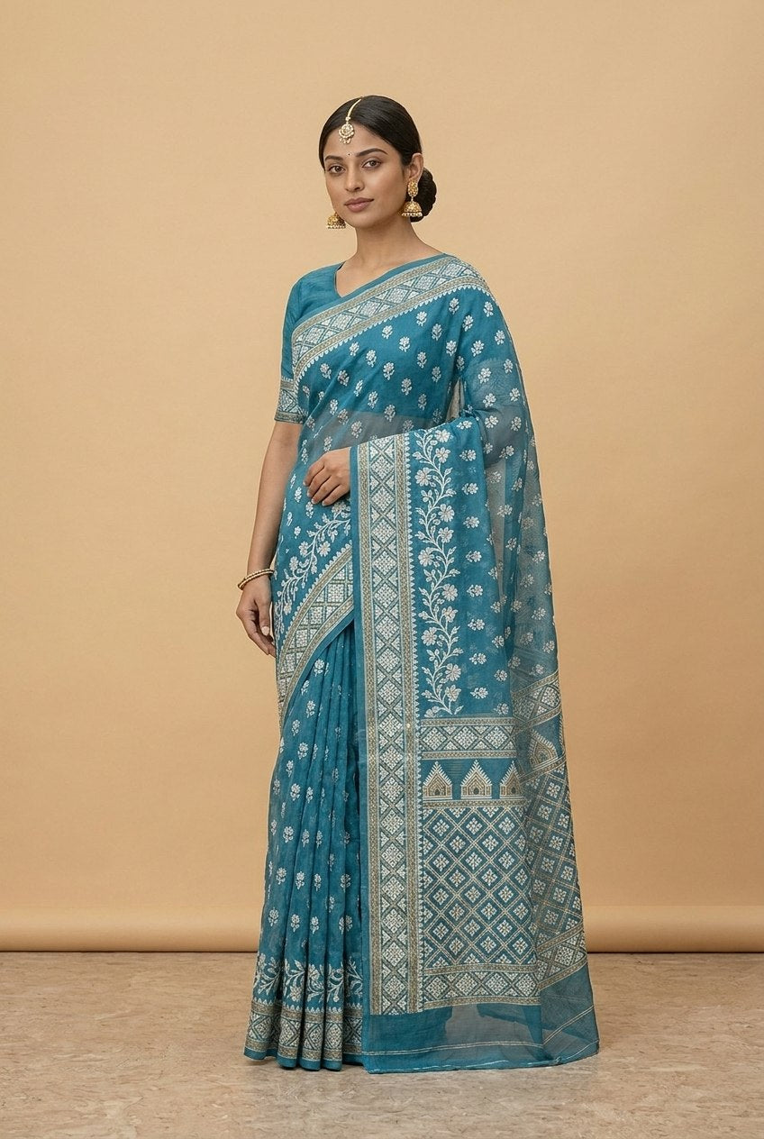 Dhakai Jamdani Saree with Bomkai-Style Border in Teal Blue
