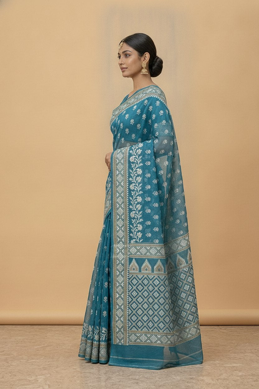 Dhakai Jamdani Saree with Bomkai-Style Border in Teal Blue