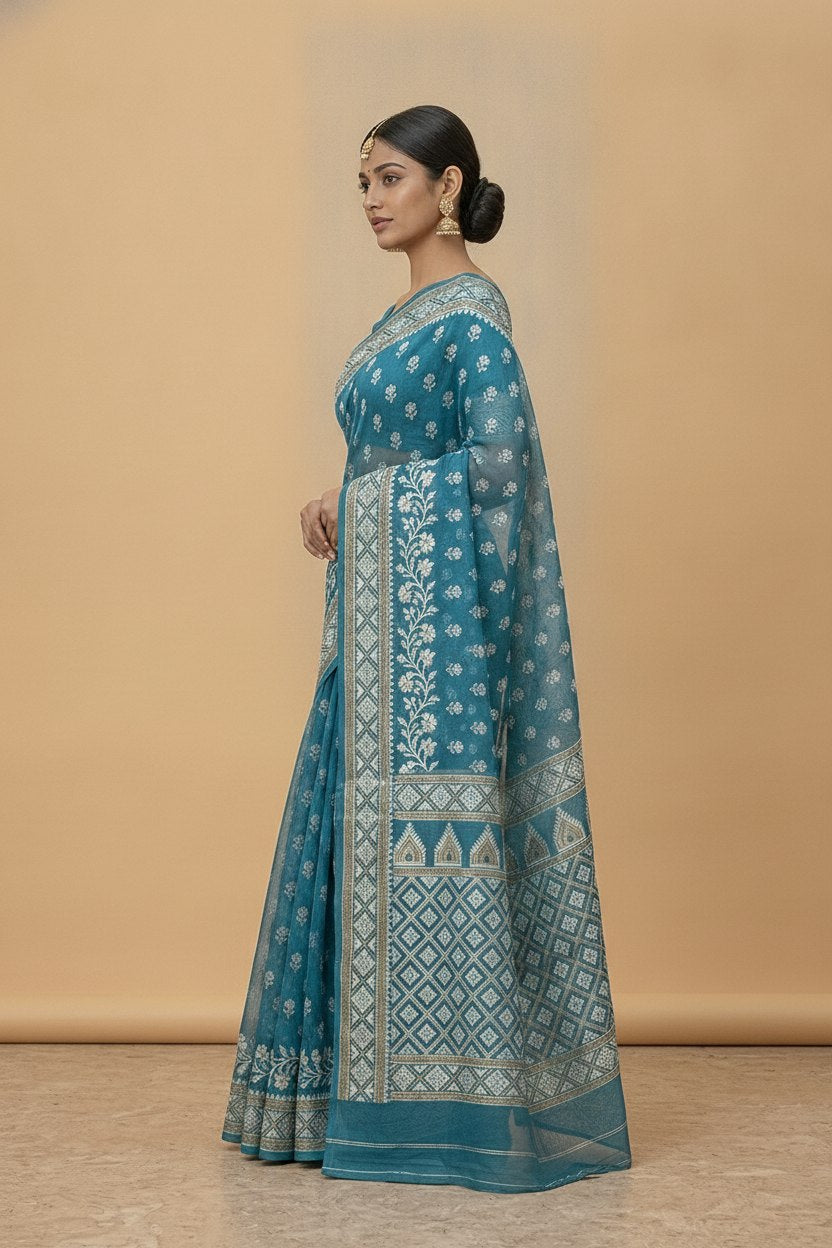 Dhakai Jamdani Saree with Bomkai-Style Border in Teal Blue