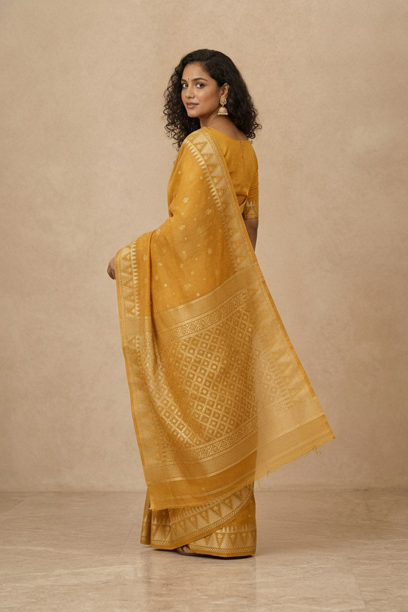 Traditional Dhakai Jamdani Saree in Golden Yellow
