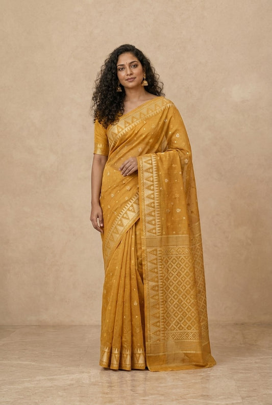 Traditional Dhakai Jamdani Saree in Golden Yellow