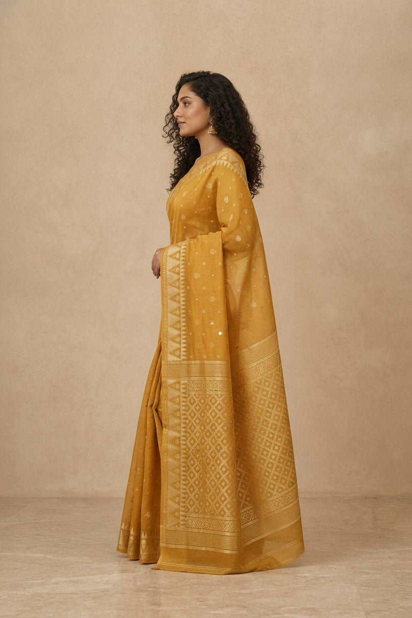 Traditional Dhakai Jamdani Saree in Golden Yellow