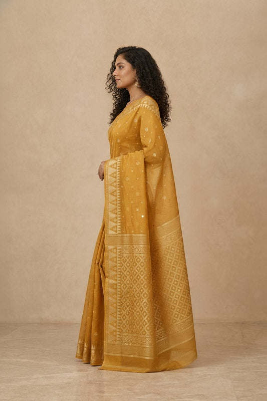 Traditional Dhakai Jamdani Saree in Golden Yellow