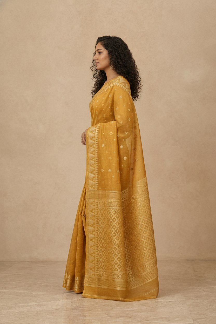 Traditional Dhakai Jamdani Saree in Golden Yellow