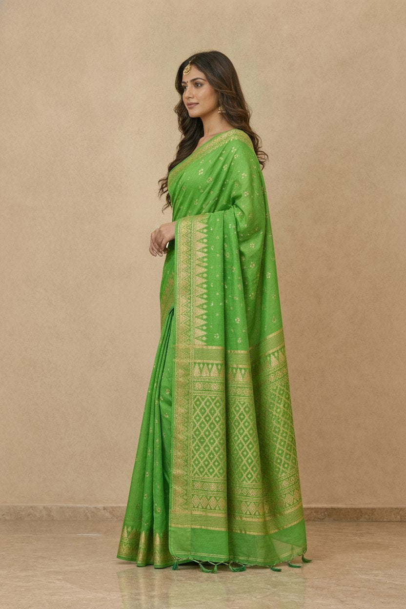 Traditional Dhakai Jamdani Saree in Parrot Green