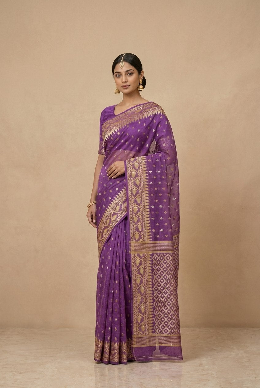 Traditional Dhakai Jamdani Saree in Purple Violet