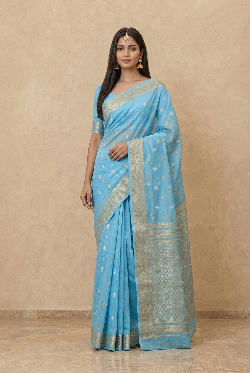 Traditional Dhakai Jamdani Saree in Sky Blue