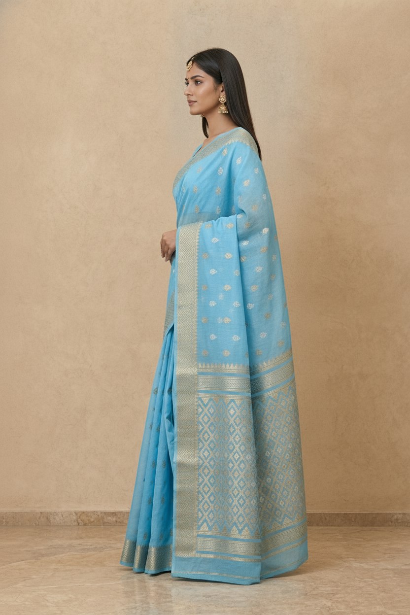 Traditional Dhakai Jamdani Saree in Sky Blue