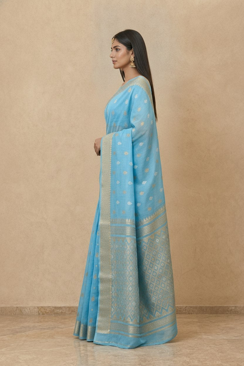Traditional Dhakai Jamdani Saree in Sky Blue