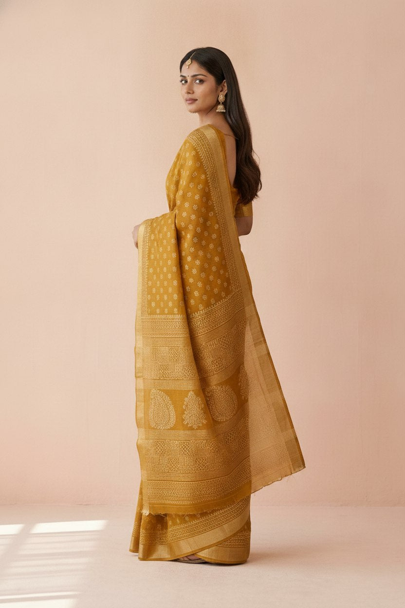 Hand Block Print Chanderi Cotton Silk Saree in Mustard