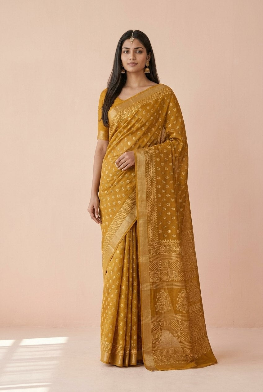 Hand Block Print Chanderi Cotton Silk Saree in Mustard