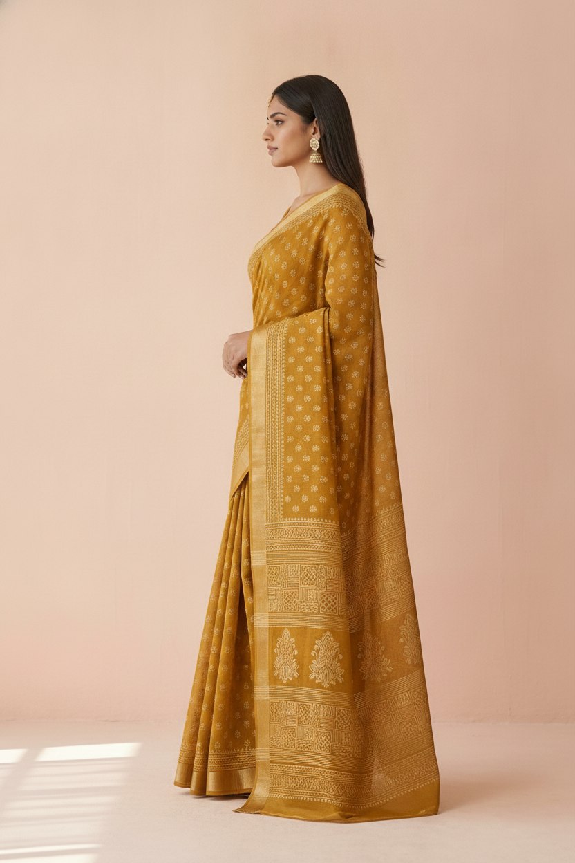 Hand Block Print Chanderi Cotton Silk Saree in Mustard