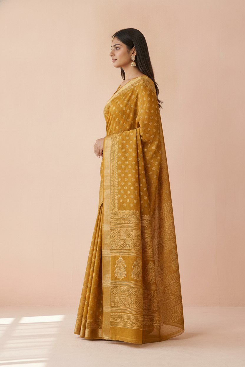 Hand Block Print Chanderi Cotton Silk Saree in Mustard