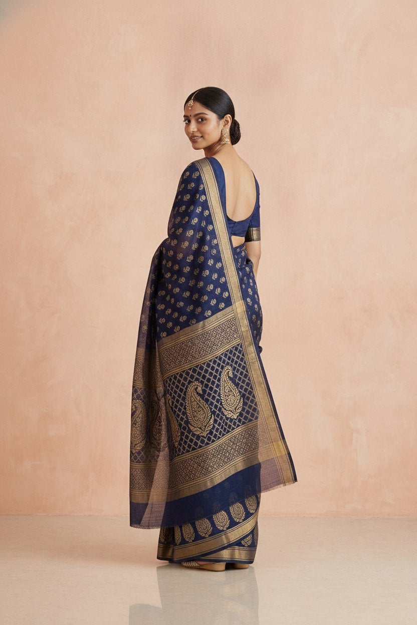 Hand Block Print Chanderi Cotton Silk Saree in Navy