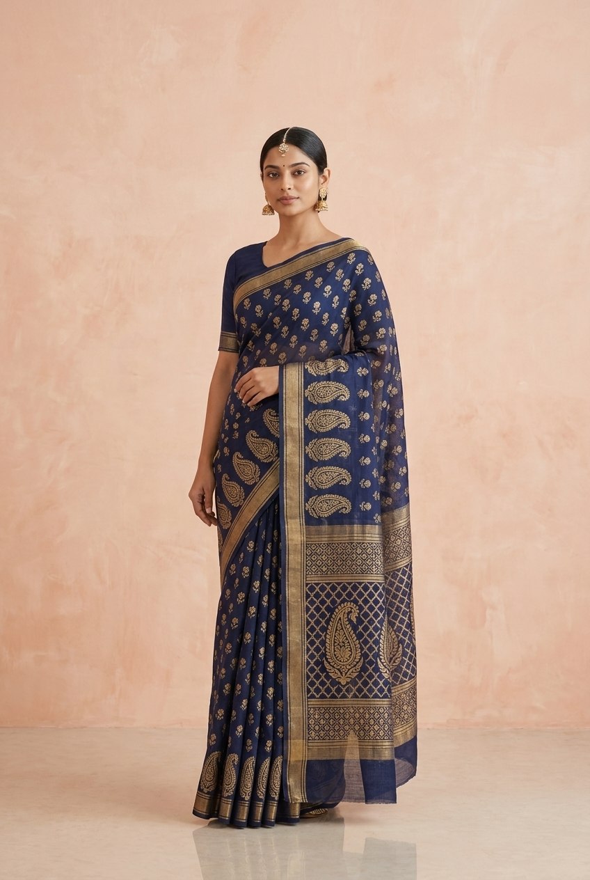 Hand Block Print Chanderi Cotton Silk Saree in Navy