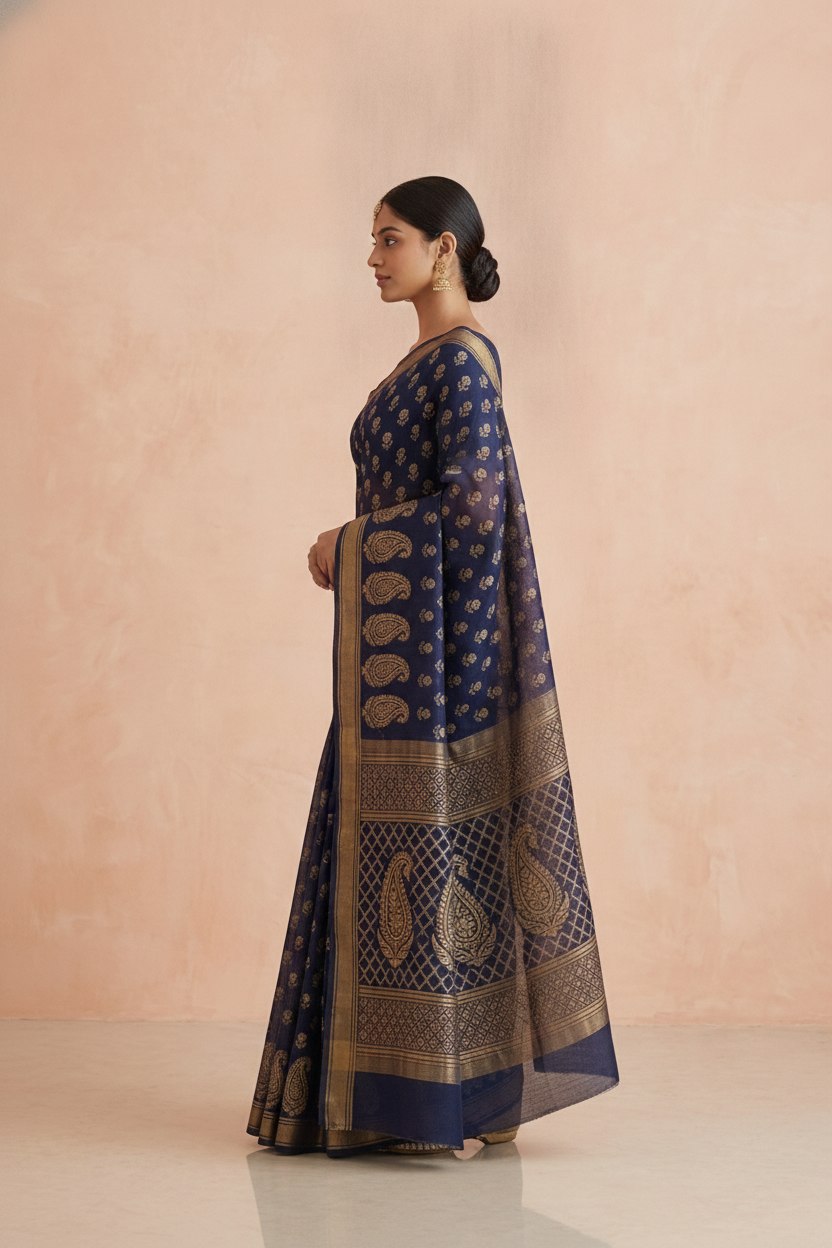 Hand Block Print Chanderi Cotton Silk Saree in Navy