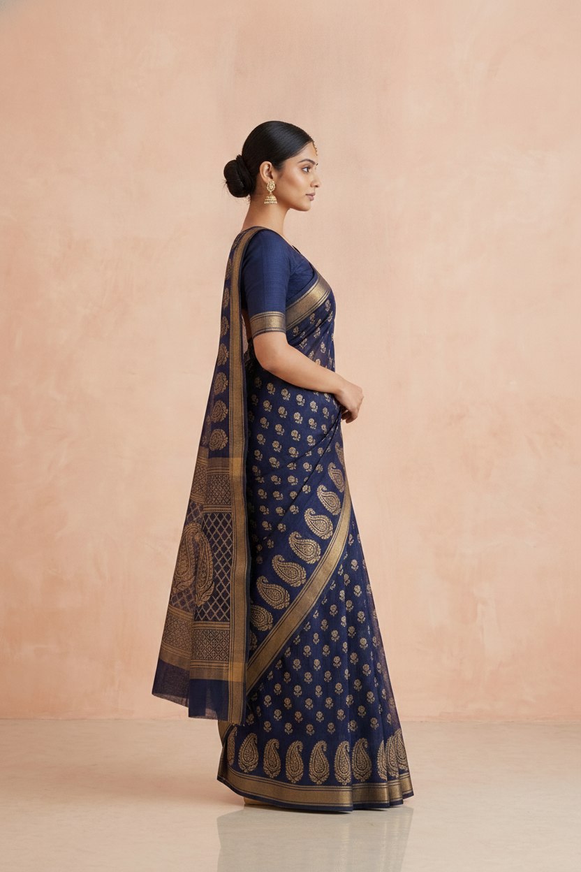 Hand Block Print Chanderi Cotton Silk Saree in Navy