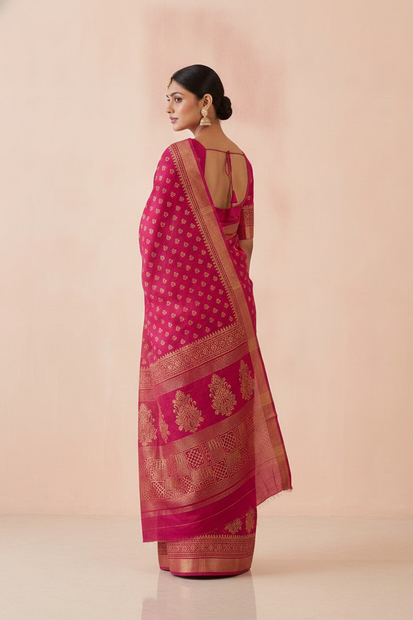 Hand Block Print Chanderi Cotton Silk Saree in Rani Pink
