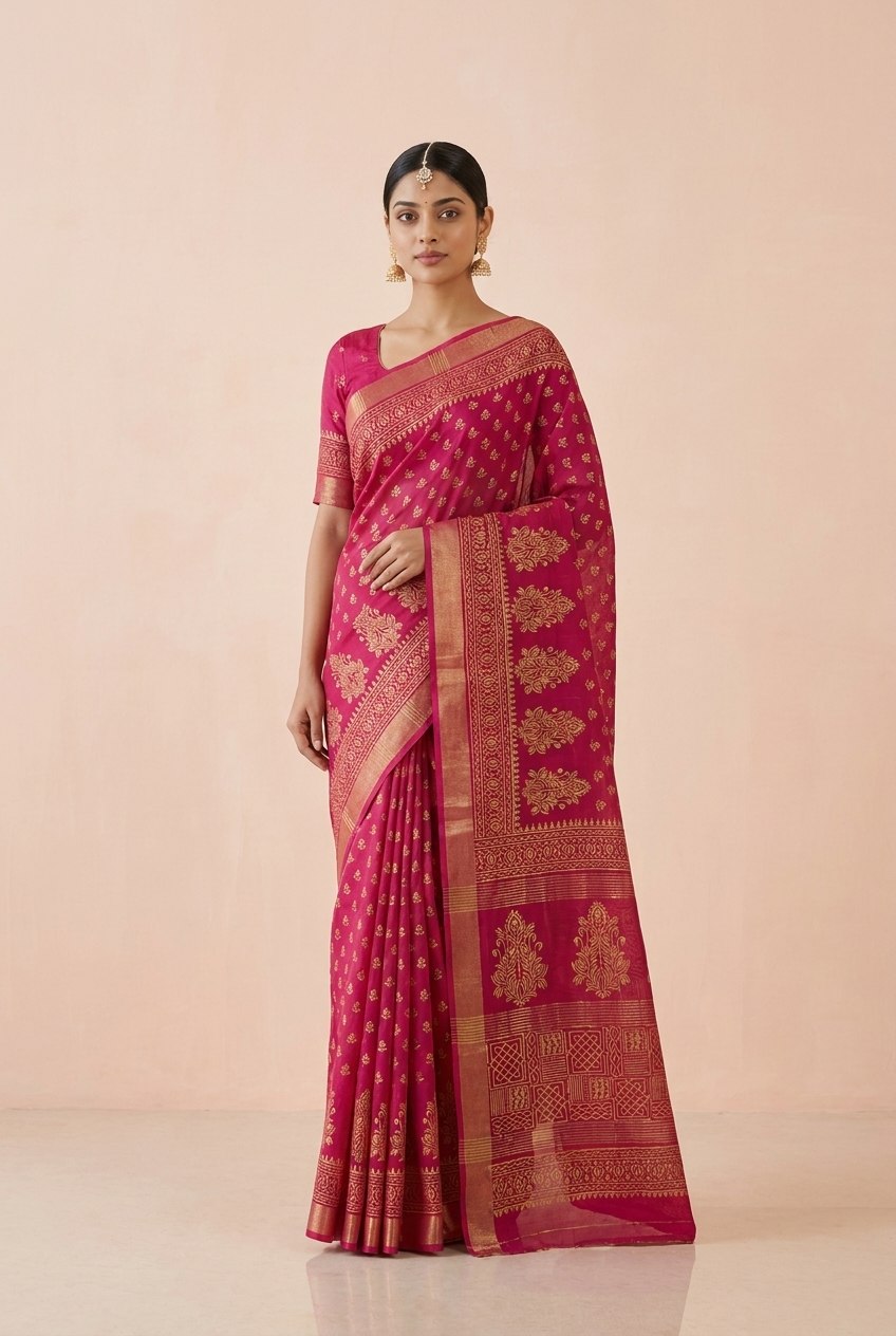 Hand Block Print Chanderi Cotton Silk Saree in Rani Pink