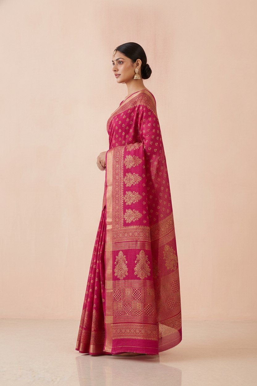 Hand Block Print Chanderi Cotton Silk Saree in Rani Pink