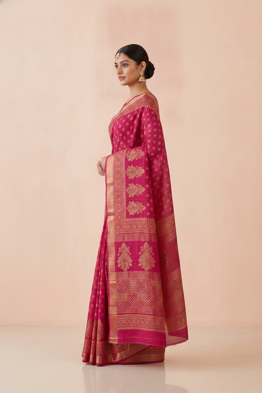 Hand Block Print Chanderi Cotton Silk Saree in Rani Pink