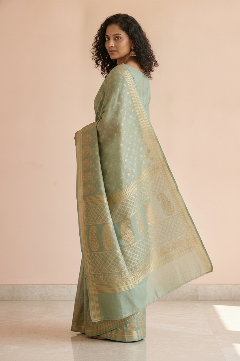 Hand Block Print Chanderi Cotton Silk Saree in Sage