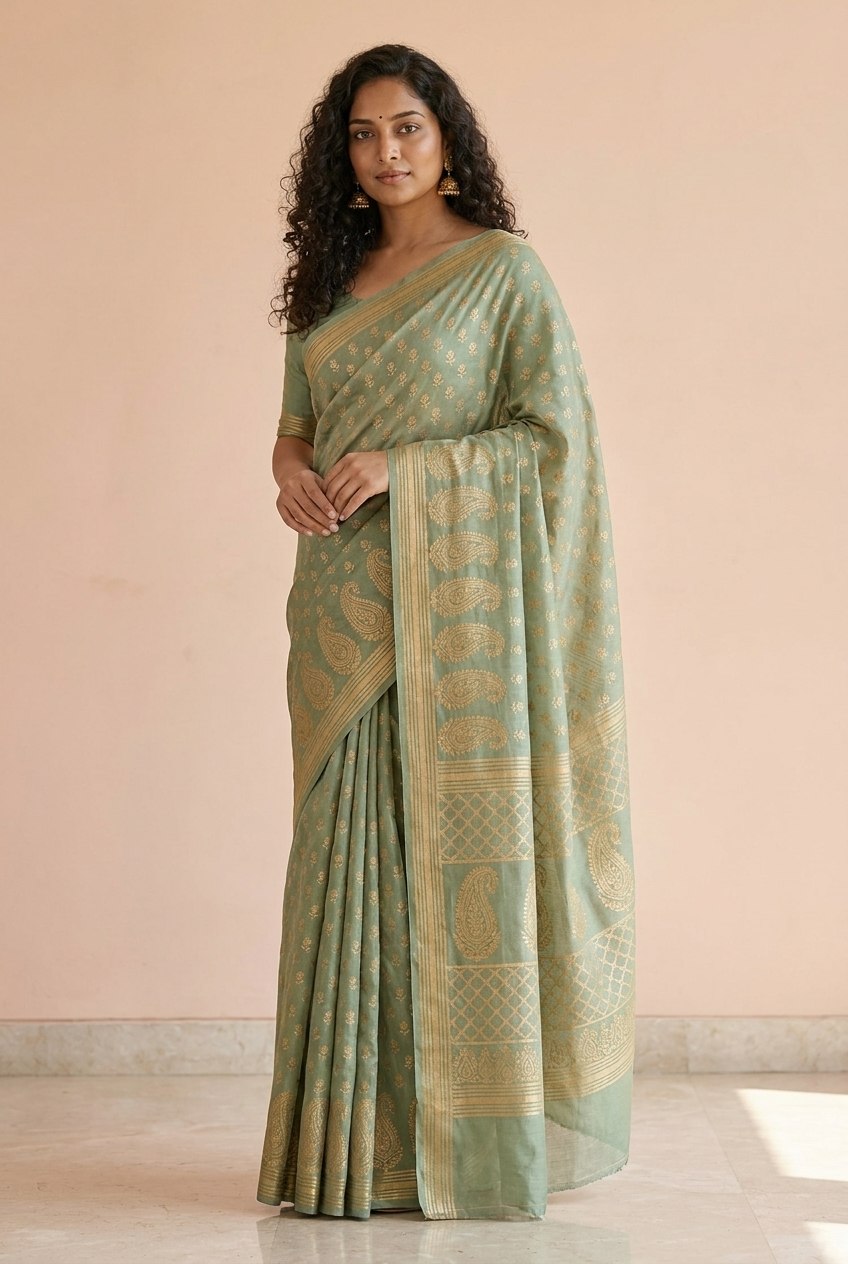 Hand Block Print Chanderi Cotton Silk Saree in Sage