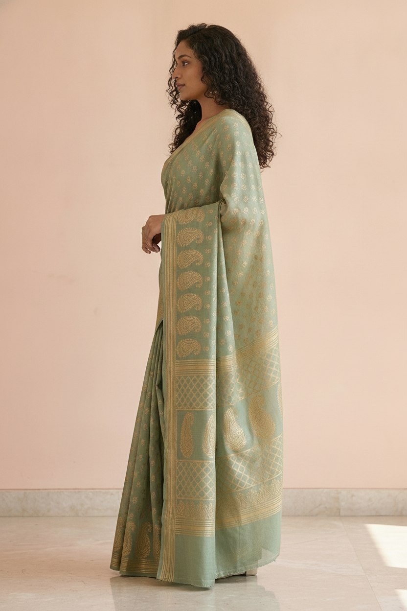 Hand Block Print Chanderi Cotton Silk Saree in Sage