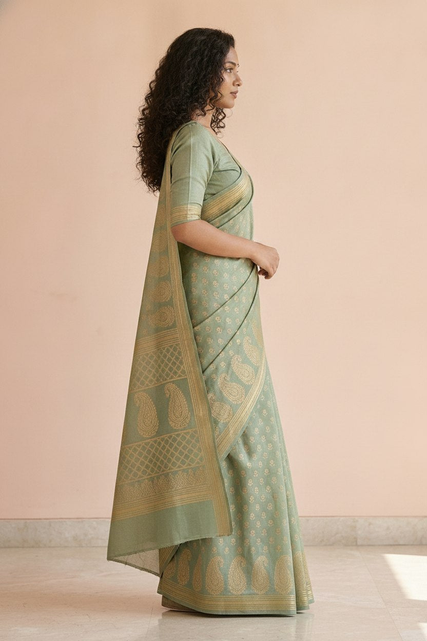 Hand Block Print Chanderi Cotton Silk Saree in Sage