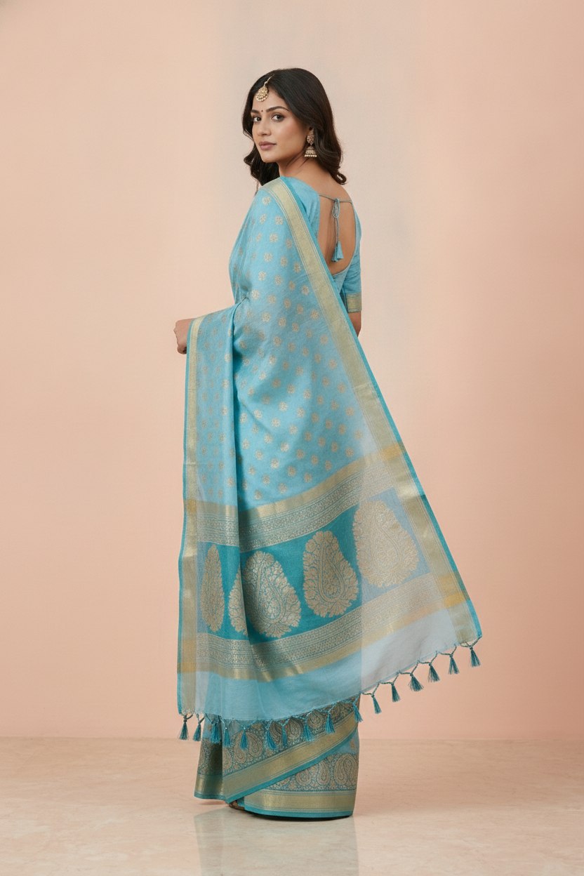 Hand Block Print Chanderi Cotton Silk Saree in Sky Blue