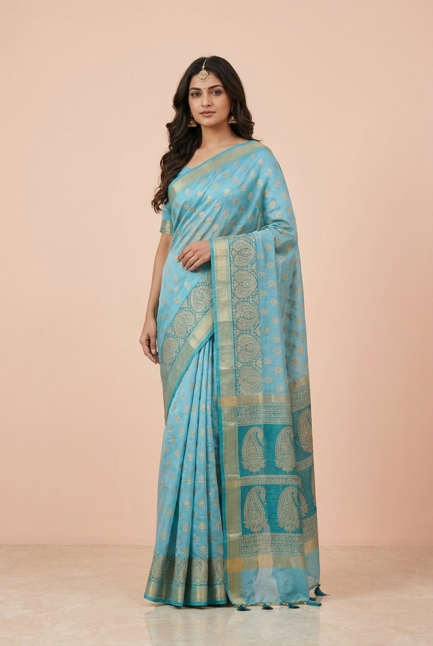 Hand Block Print Chanderi Cotton Silk Saree in Sky Blue