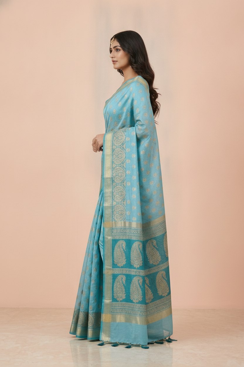 Hand Block Print Chanderi Cotton Silk Saree in Sky Blue