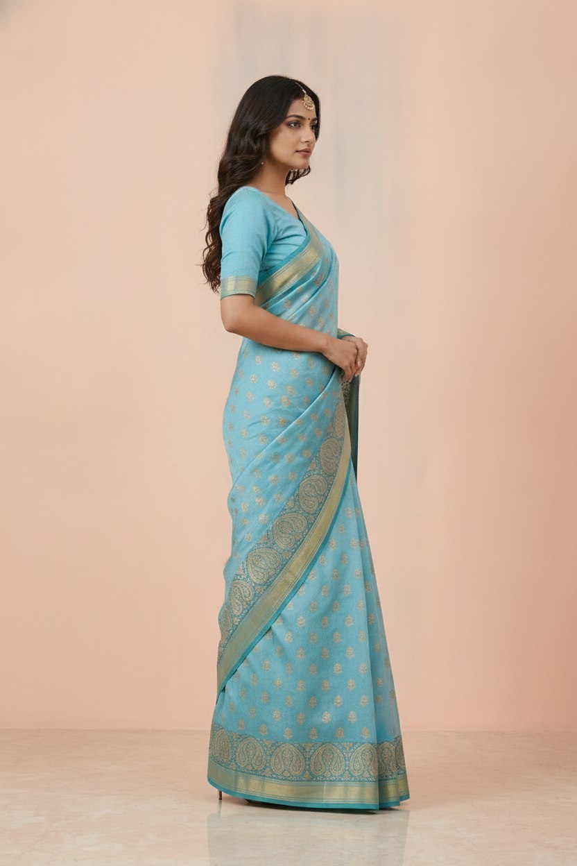 Hand Block Print Chanderi Cotton Silk Saree in Sky Blue