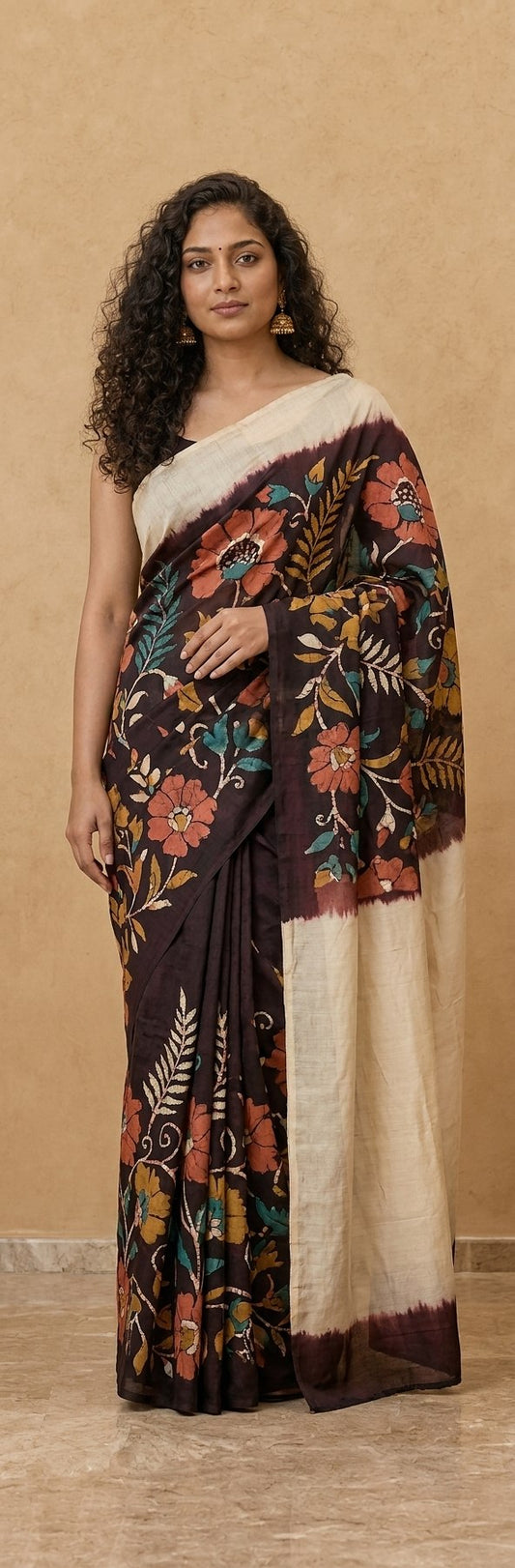 Hand Batik Chanderi Cotton Silk Saree in Dark