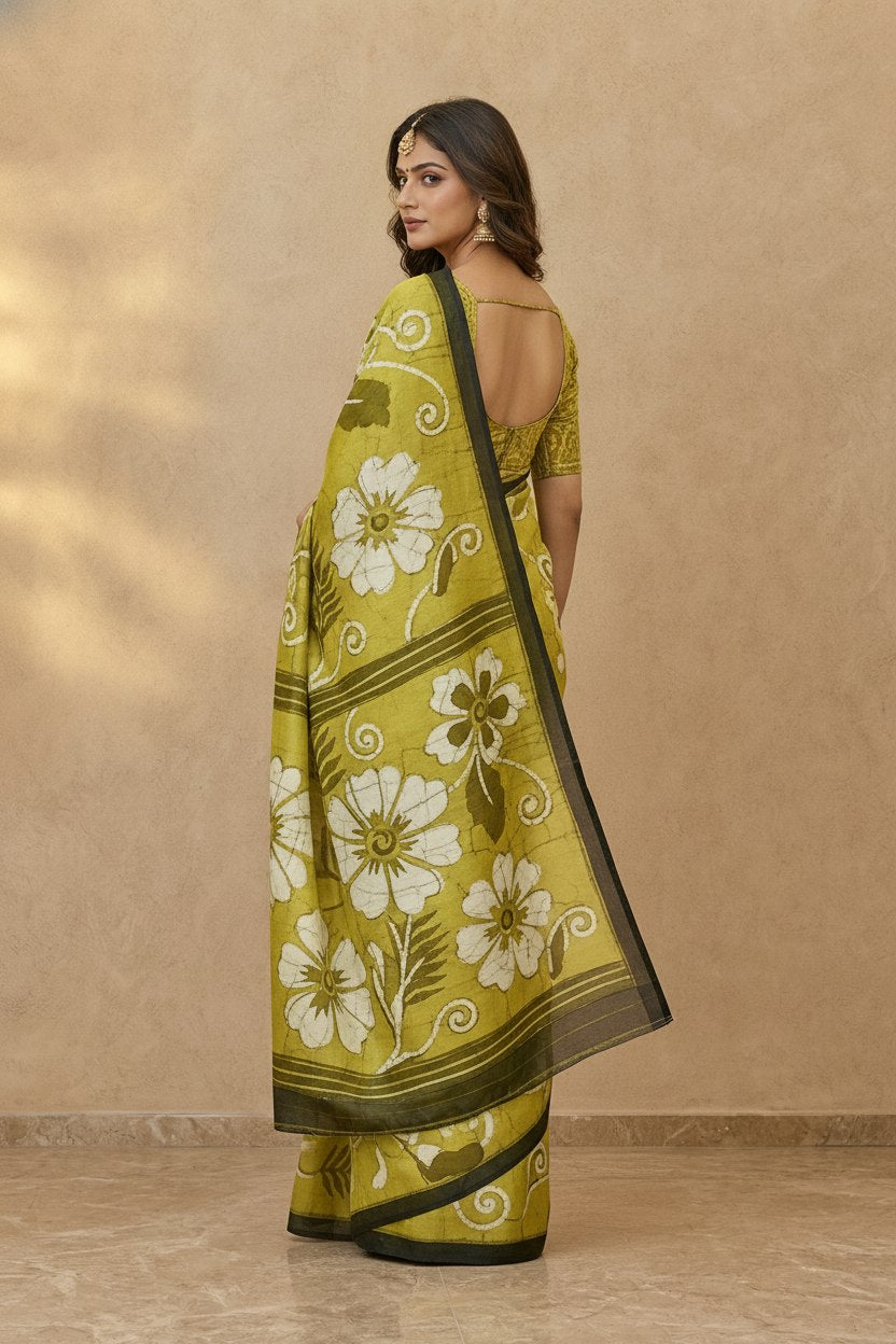 Hand Batik Chanderi Cotton Silk Saree in Lime