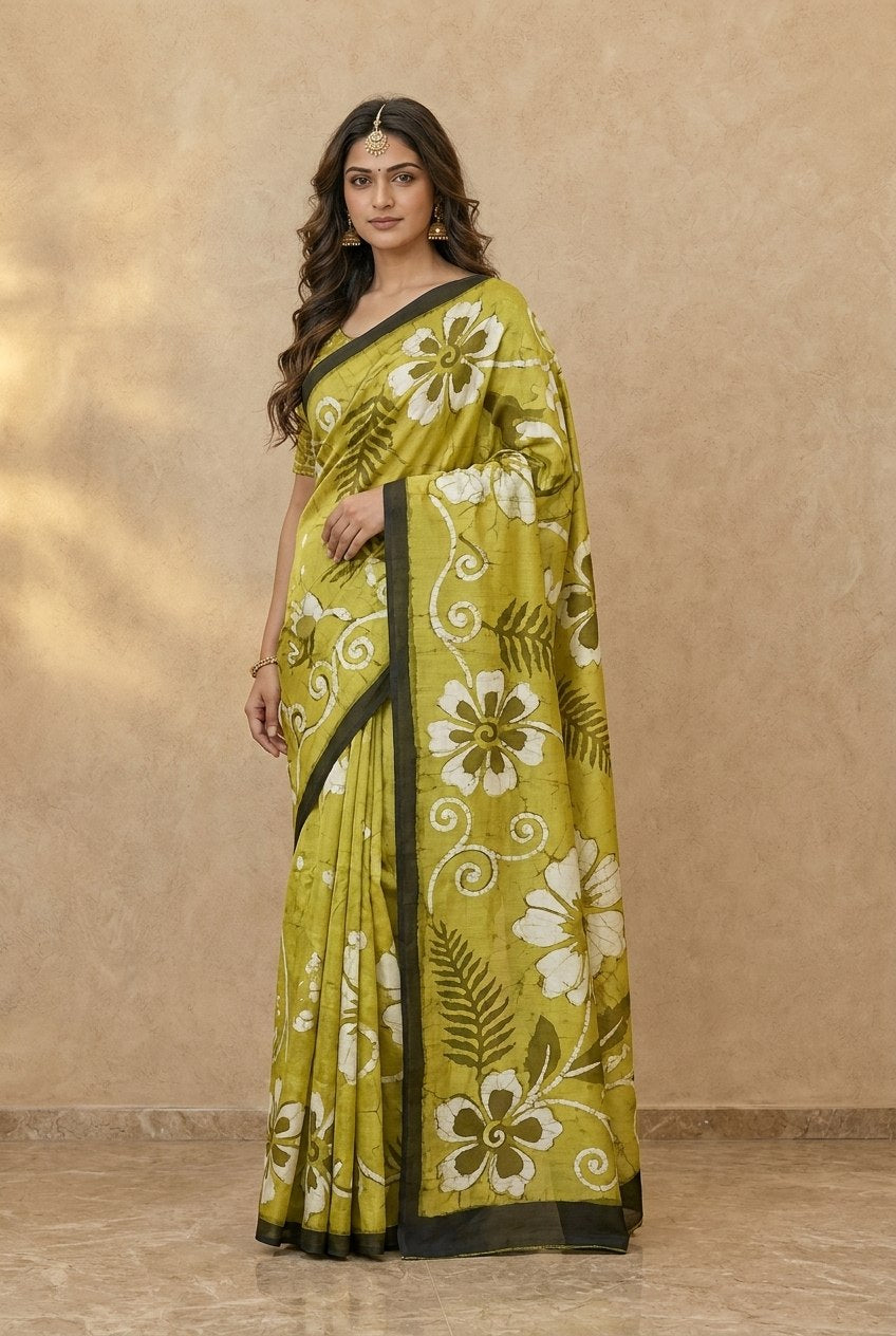Hand Batik Chanderi Cotton Silk Saree in Lime