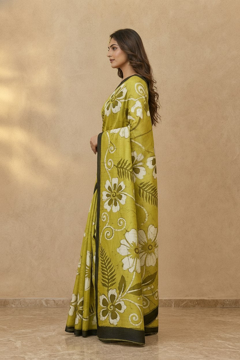 Hand Batik Chanderi Cotton Silk Saree in Lime