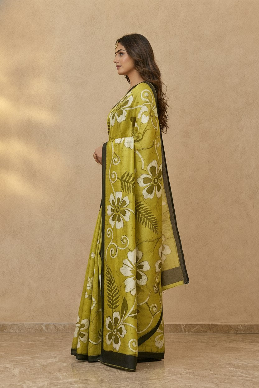 Hand Batik Chanderi Cotton Silk Saree in Lime