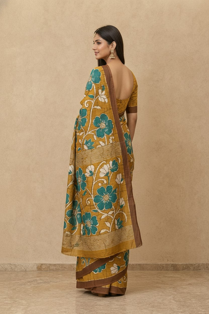 Hand Batik Chanderi Cotton Silk Saree in Mustard Teal