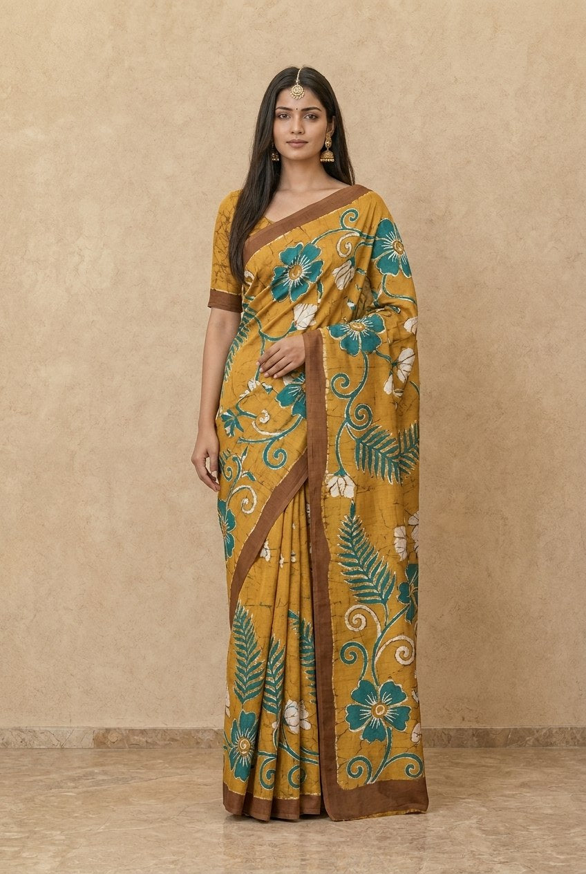 Hand Batik Chanderi Cotton Silk Saree in Mustard Teal