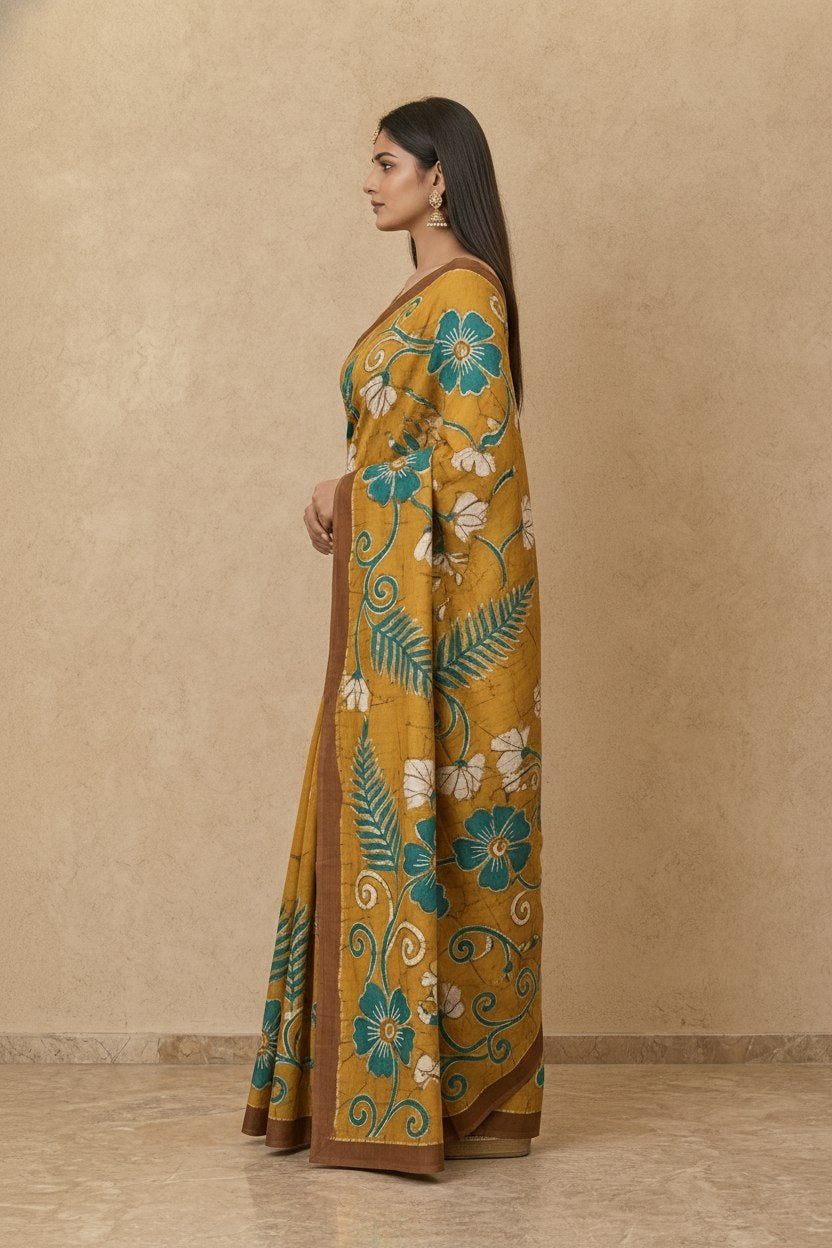 Hand Batik Chanderi Cotton Silk Saree in Mustard Teal