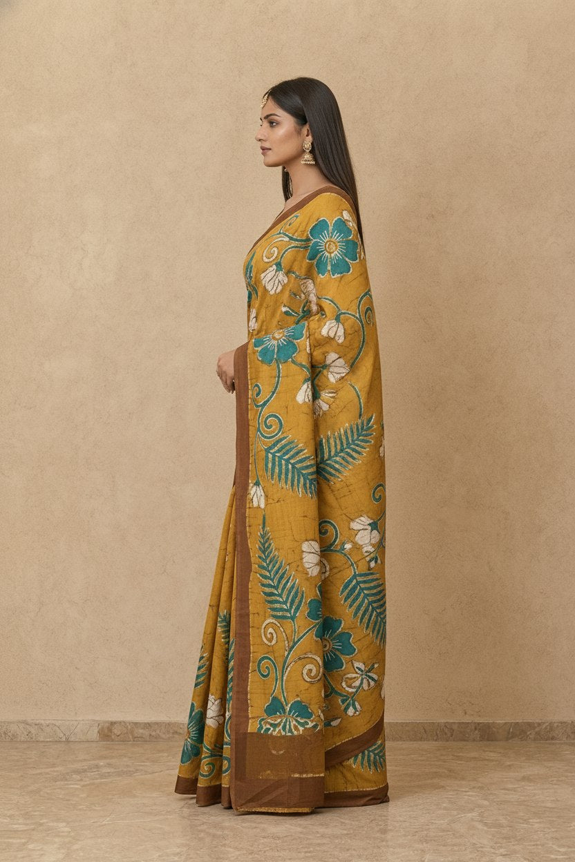 Hand Batik Chanderi Cotton Silk Saree in Mustard Teal