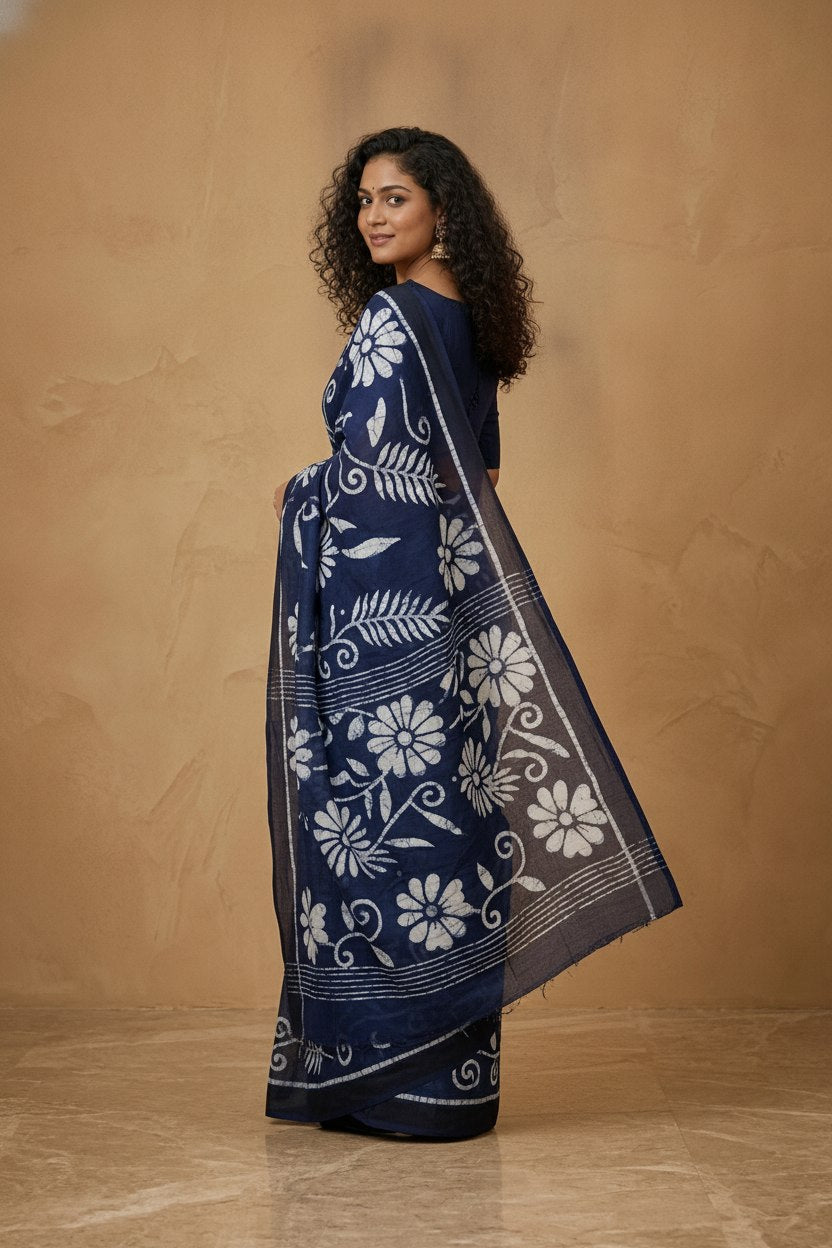 Hand Batik Chanderi Cotton Silk Saree in Navy White