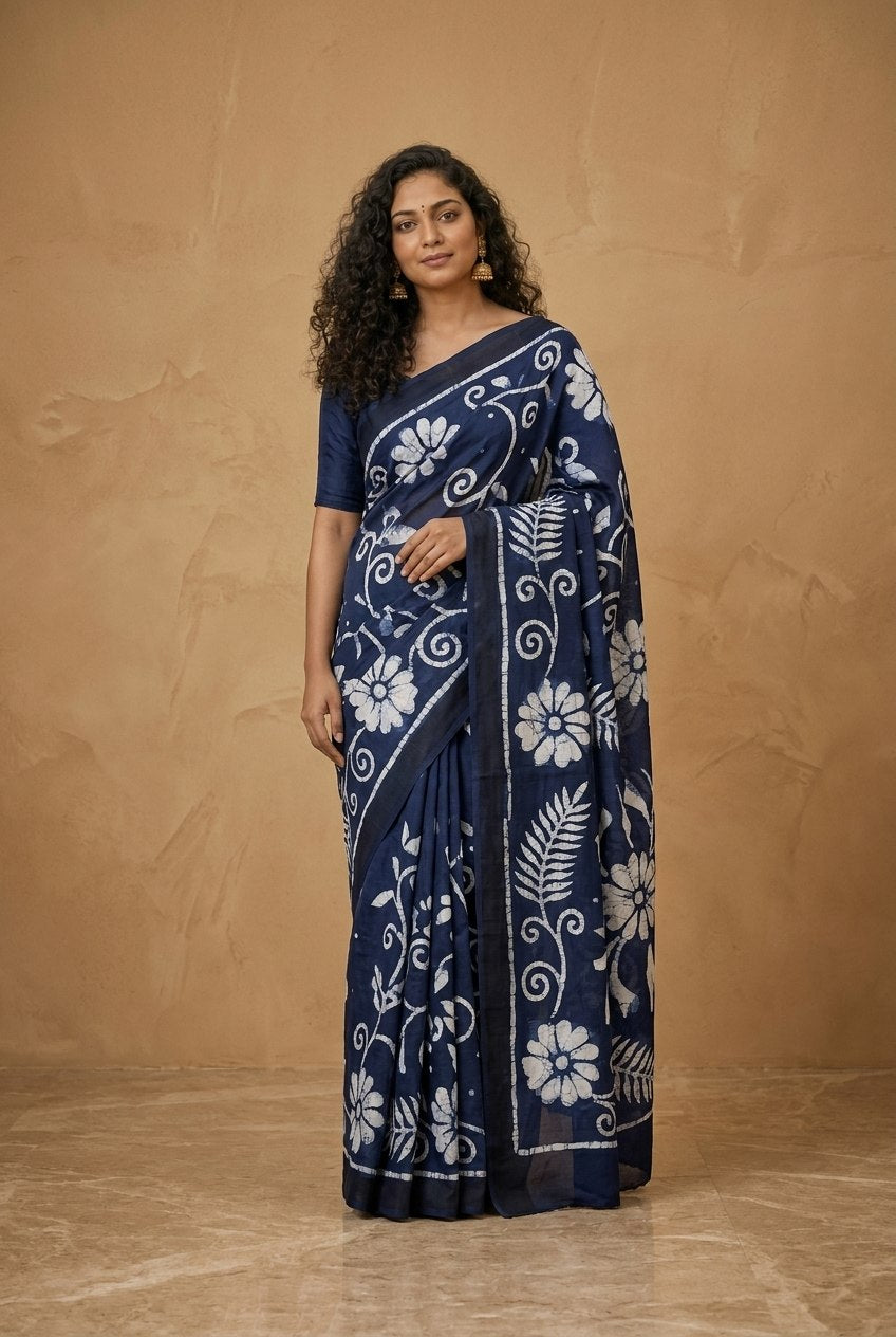 Hand Batik Chanderi Cotton Silk Saree in Navy White